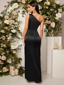 SHEIN Belle Asymmetrical Neck Twist Front Split Thigh Bridesmaid Dress Black Elegant Formal Evening Prom Wedding Guest Gown, For Graduation, Dinner Party Dress - Black - View 2