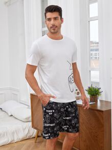 SHEIN Men Tropical Print Tee & Shorts PJ Set - Black and White - View 5