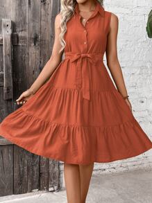 Breezaya Đầm Maxi Sơ Mi Thắt Lưng Viền Ruffle Trang Phục Đi Biển Cho Nữ - Màu Cam cháy - Xem 1