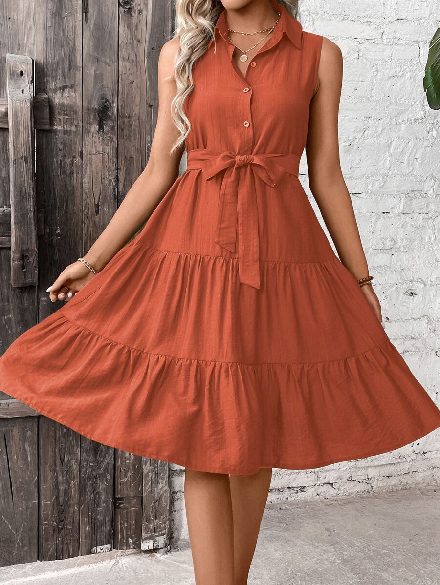 Breezaya Đầm Maxi Sơ Mi Thắt Lưng Viền Ruffle Trang Phục Đi Biển Cho Nữ - Màu Cam cháy - Xem 1