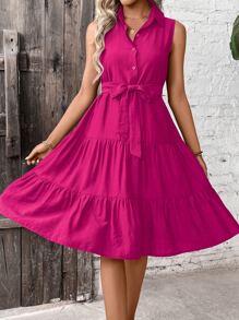 Breezaya Ruffle Hem Belted Shirt Dress Maxi Women Outfit - Hot Pink - View 1