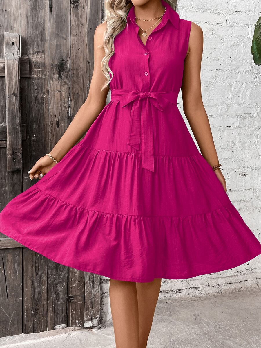 Breezaya Ruffle Hem Belted Shirt Dress Maxi Women Outfit - Hot Pink - View 1