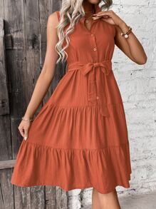 Breezaya Đầm Maxi Sơ Mi Thắt Lưng Viền Ruffle Trang Phục Đi Biển Cho Nữ - Màu Cam cháy - Xem 6