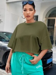 SHEIN EZwear Plus Solid Drop Shoulder Crop Tee