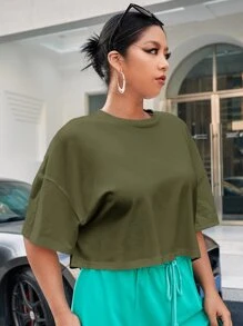 SHEIN EZwear Plus Solid Drop Shoulder Crop Tee