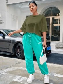 SHEIN EZwear Plus Solid Drop Shoulder Crop Tee