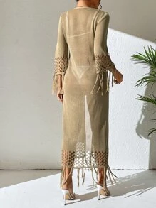 Swim Vcay 流苏边前开襟和服，适合夏季海滩度假 - 卡其色 - 查看 2