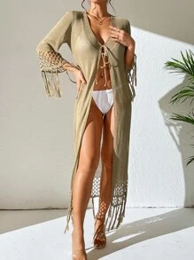 Swim Vcay 流苏边前开襟和服，适合夏季海滩度假 - 卡其色 - 查看 4