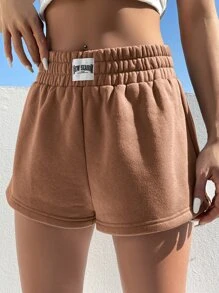 SHEIN EZwear 字母補丁細節彈性腰帶短褲 - 摩卡棕 - 查看 3