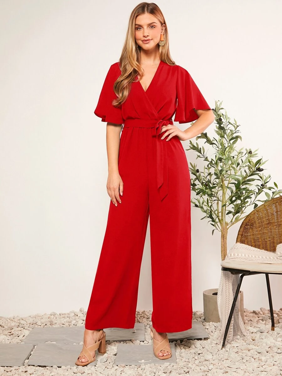 BizChic Women's V-Neck Butterfly Sleeve Belted Jumpsuit, Elegant Romantic Casual Everyday Wear, Minimalist Fashion Basic Business Casual Outfit For Office, Concerts - Red - View 1