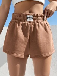 SHEIN EZwear 字母補丁細節彈性腰帶短褲 - 摩卡棕 - 查看 7