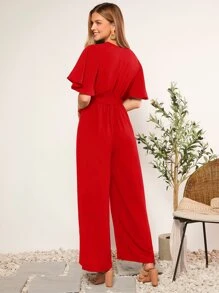 BizChic Women's V-Neck Butterfly Sleeve Belted Jumpsuit, Elegant Romantic Casual Everyday Wear, Minimalist Fashion Basic Business Casual Outfit For Office, Concerts - Red - View 2