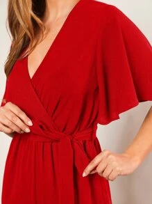 BizChic Women's V-Neck Butterfly Sleeve Belted Jumpsuit, Elegant Romantic Casual Everyday Wear, Minimalist Fashion Basic Business Casual Outfit For Office, Concerts - Red - View 6