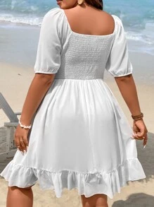 SHEIN Holidaya Vestido de cuello cuadrado bajo con fruncido - Blanco - Ver 2