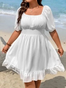 SHEIN Holidaya Vestido de cuello cuadrado bajo con fruncido - Blanco - Ver 3