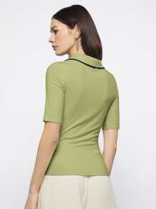 BizChic Contrast Binding Ribbed Knit Tee - Lime Green - View 2