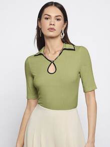 BizChic Contrast Binding Ribbed Knit Tee - Lime Green - View 3
