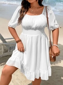SHEIN Holidaya Vestido de cuello cuadrado bajo con fruncido - Blanco - Ver 8