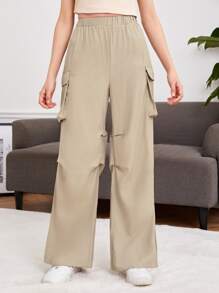 SHEIN 青少年女孩側翻蓋口袋工裝褲