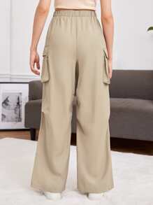 SHEIN 青少年女孩側翻蓋口袋工裝褲