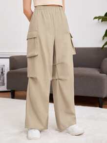 SHEIN 青少年女孩側翻蓋口袋工裝褲