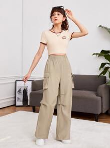 SHEIN 青少年女孩側翻蓋口袋工裝褲