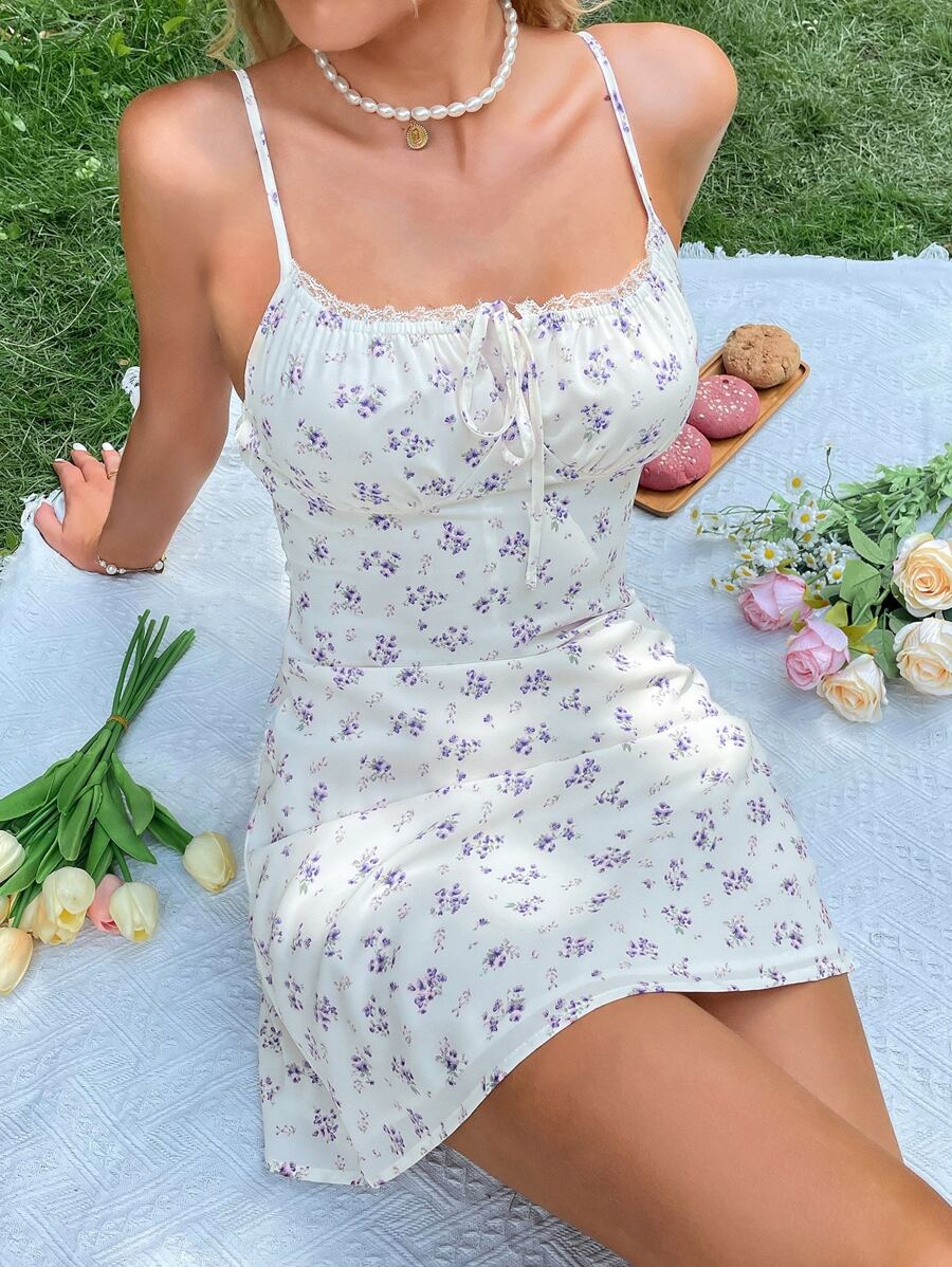 Breezaya Ditsy Floral Print Knot Front Cami Dress - Purple - View 1