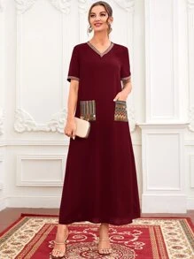 Al Najma Burgundy Red Chevron Print Dual Pocket Tunic Dress - Burgundy - View 1