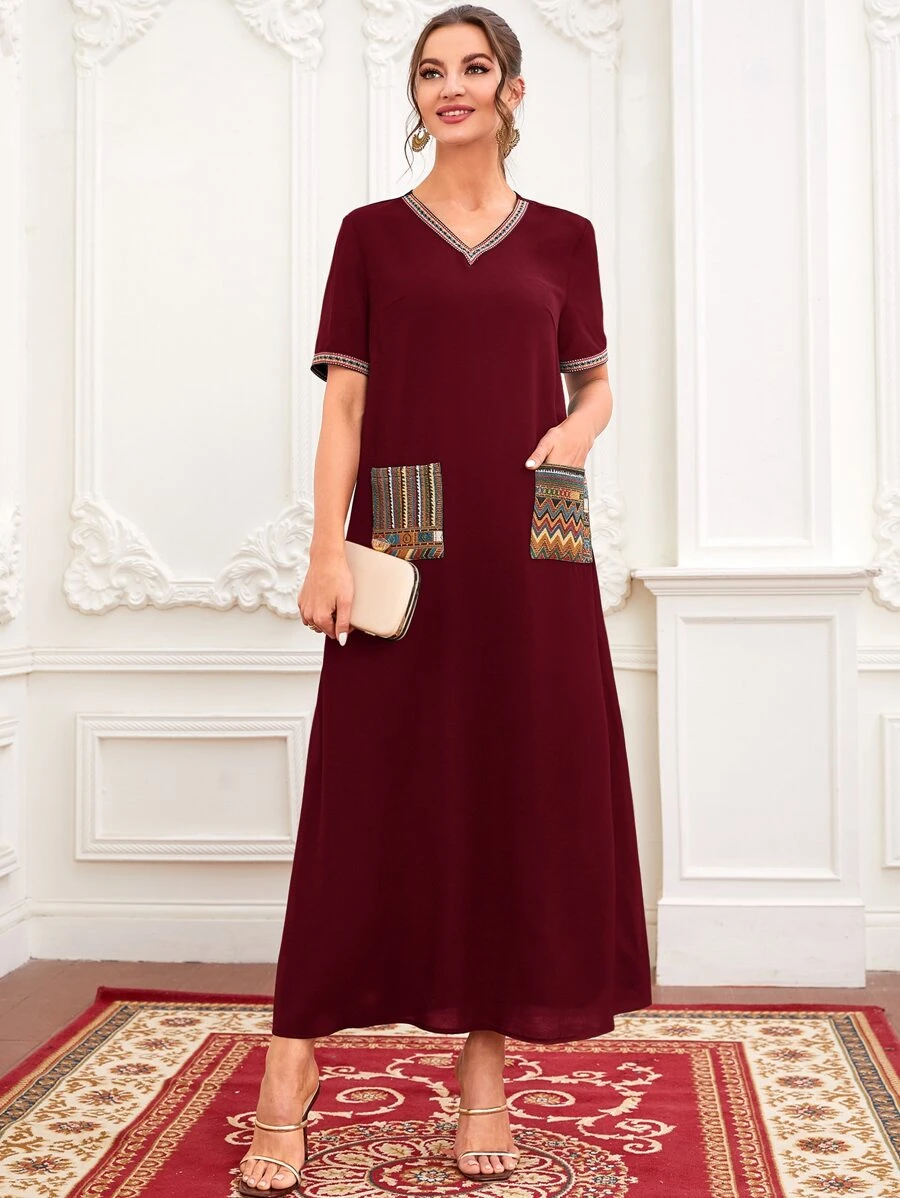 Al Najma Burgundy Red Chevron Print Dual Pocket Tunic Dress - Burgundy - View 1