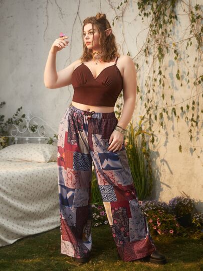 Hippie Plus Solid Cami Top & Patchwork Print Wide Leg Pants