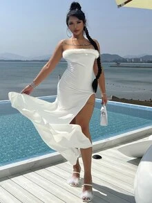 Đầm Dây kéo Tách cao Tương phản lông thú giả màu trơn Gợi cảm - trắng - Xem 3