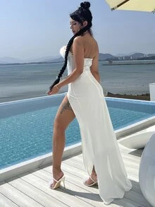 Đầm Dây kéo Tách cao Tương phản lông thú giả màu trơn Gợi cảm - trắng - Xem 4