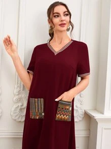 Al Najma Burgundy Red Chevron Print Dual Pocket Tunic Dress - Burgundy - View 3