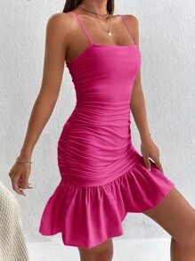 SHEIN PETITE 褶邊荷葉邊吊帶洋裝 - 玫紅色 - 查看 3