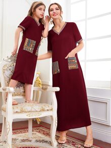 Al Najma Burgundy Red Chevron Print Dual Pocket Tunic Dress - Burgundy - View 5