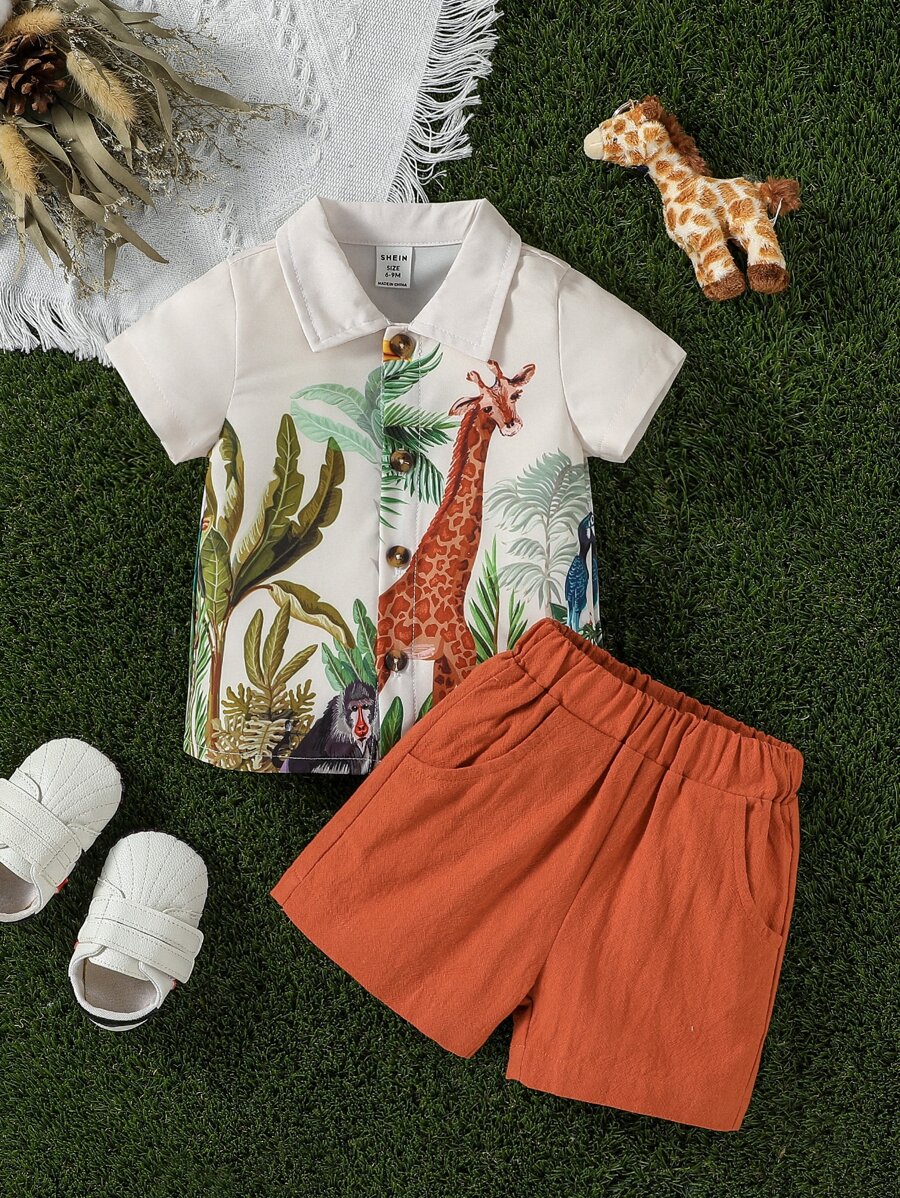 寶寶男孩度假休閒卡通圖案襯衫和純色短褲套裝 - 彩色 - 查看 1