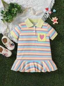 嬰兒條紋印花Polo領口袋貼布荷葉邊連衣裙 - 彩色 - 查看 1