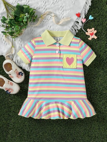 嬰兒條紋印花Polo領口袋貼布荷葉邊連衣裙