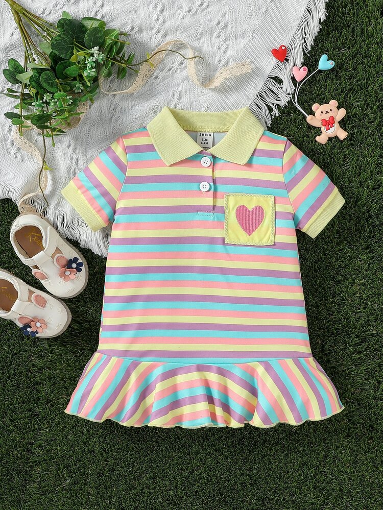 嬰兒條紋印花Polo領口袋貼布荷葉邊連衣裙 - 彩色 - 查看 1