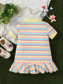 嬰兒條紋印花Polo領口袋貼布荷葉邊連衣裙 - 彩色 - 查看 2