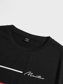 Manfinity VCAY 男士條紋和字母圖案T恤 - 黑色 - 查看 4