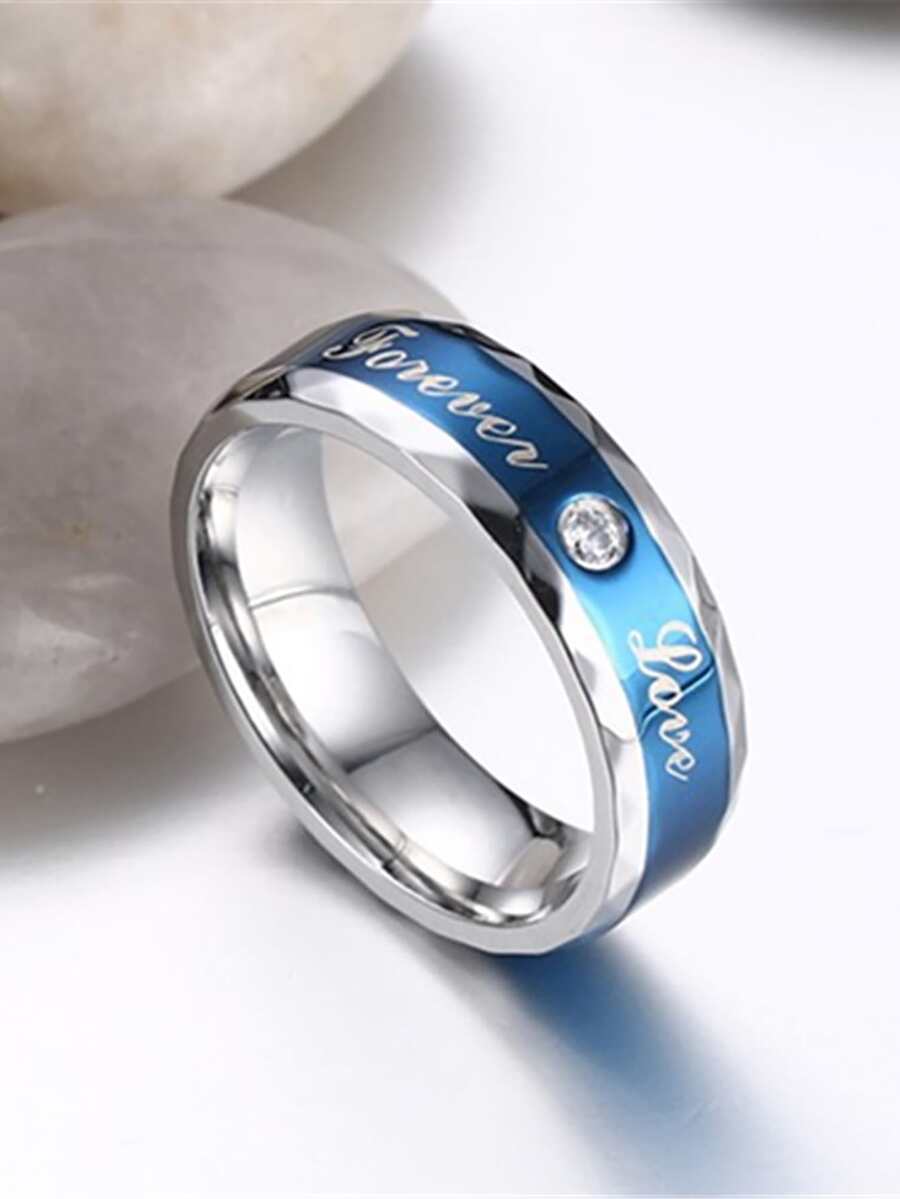 Men Rhinestone Decor Letter Graphic Ring - Baby Blue - View 1