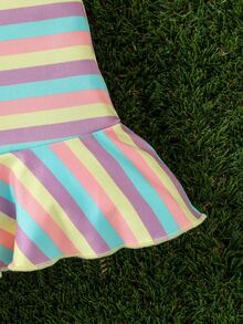 嬰兒條紋印花Polo領口袋貼布荷葉邊連衣裙 - 彩色 - 查看 6