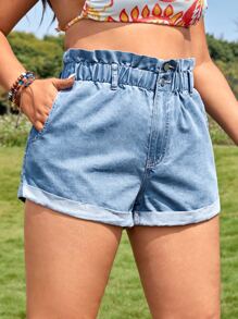 SHEIN VCAY Plus Paperbag Waist Roll Up Hem Denim Shorts - Light Wash - View 1