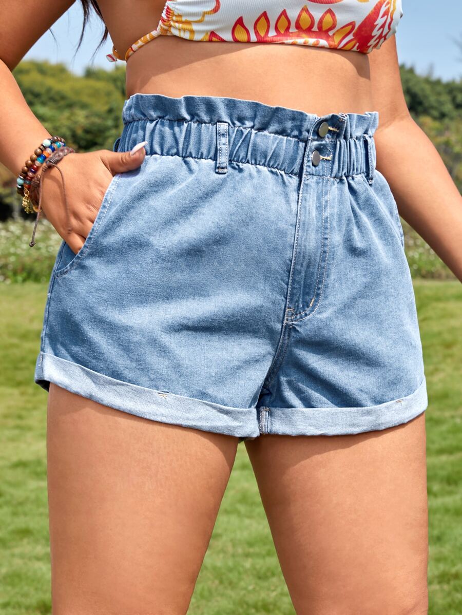 SHEIN VCAY Plus Paperbag Waist Roll Up Hem Denim Shorts - Light Wash - View 1