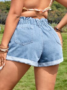 SHEIN VCAY Plus Paperbag Waist Roll Up Hem Denim Shorts - Light Wash - View 2