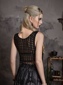 ROMWE Goth Hollow Out Fringe Hem Knit Top - Black - View 2