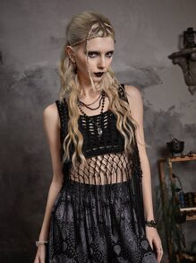 ROMWE Goth Hollow Out Fringe Hem Knit Top - Black - View 3
