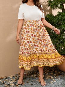 SHEIN Holidaya Vestido con estampado floral con cinturón bajo con fruncido - Blanco - Ver 1