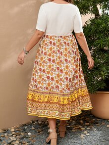 SHEIN Holidaya Vestido con estampado floral con cinturón bajo con fruncido - Blanco - Ver 2